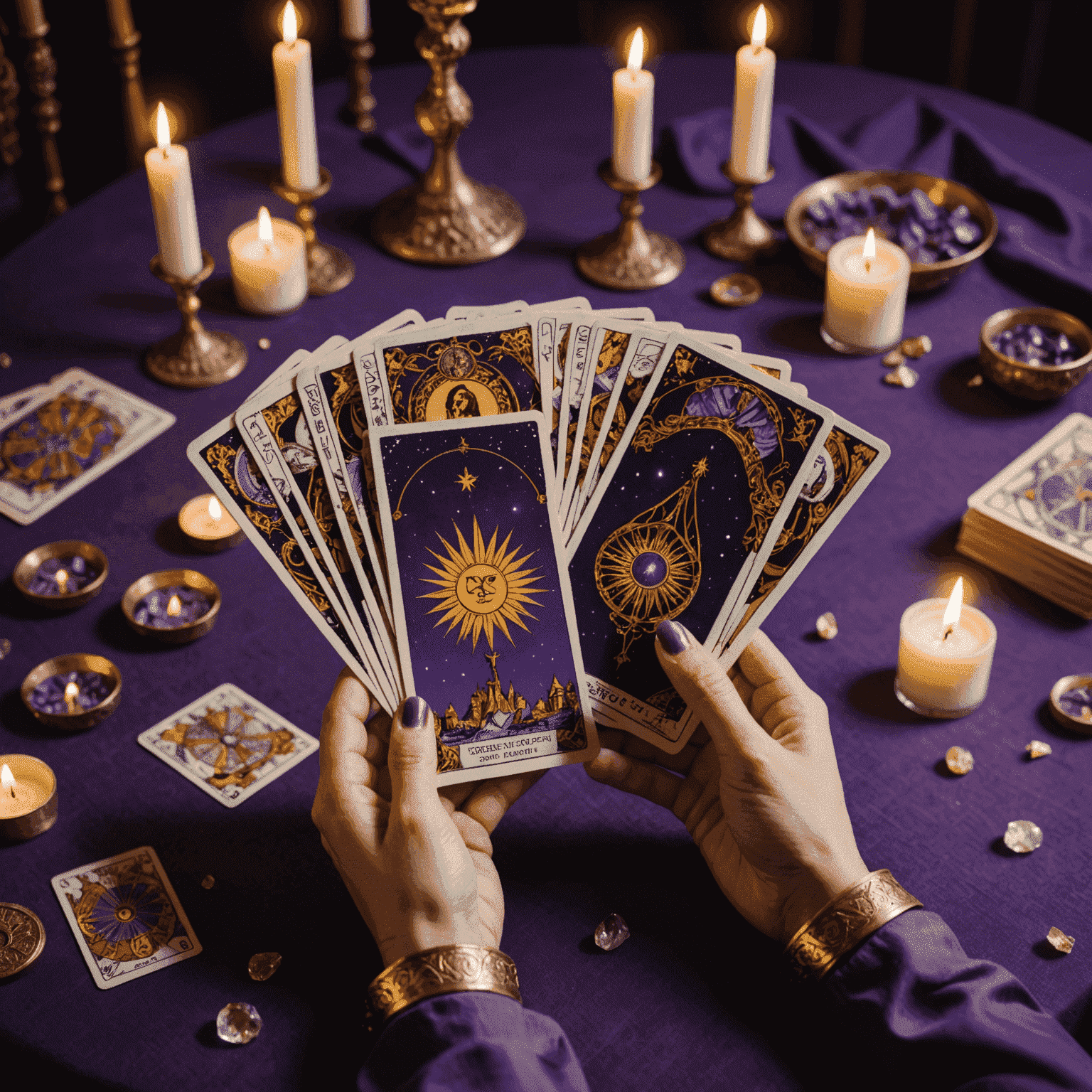 Une main tenant des cartes de tarot étalées en éventail sur une table recouverte d'un tissu violet, avec des cristaux et des bougies allumées en arrière-plan, créant une ambiance mystique et introspective